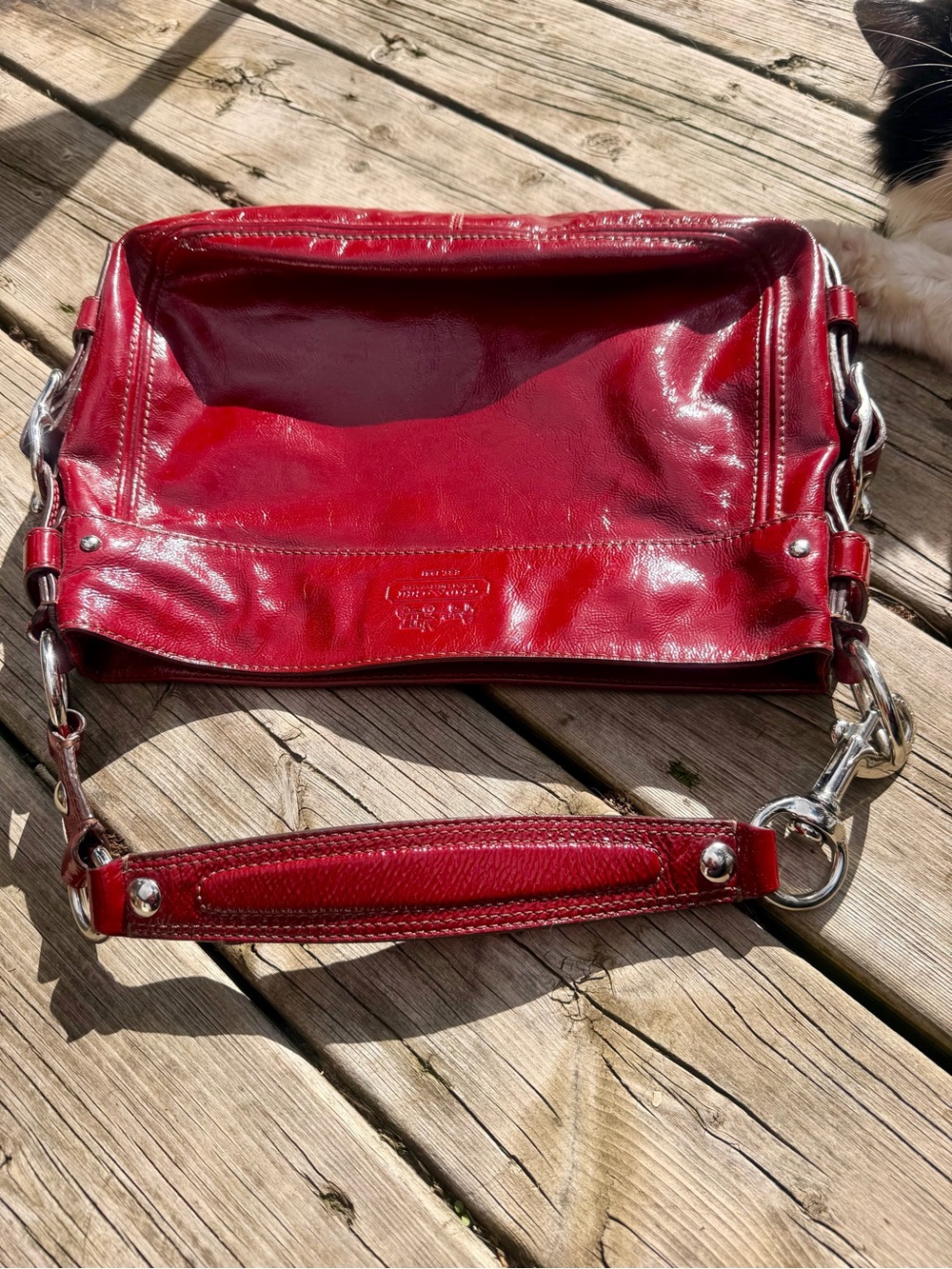 Coach Red Patent Leather Shoulder Bag with Silver Hardware